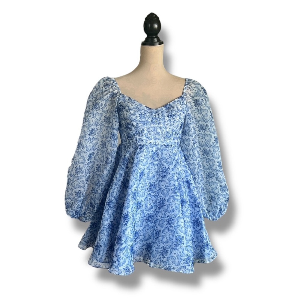 Selkie The Princess Blue Floral Long Sleeve Fit and Flare Puff Sleeve Mini Dress